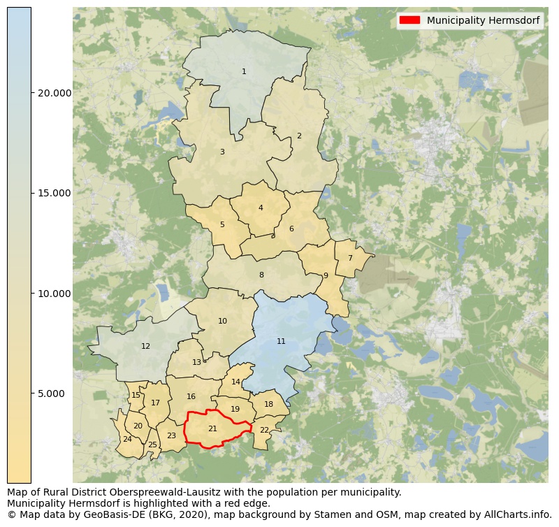 Map of Rural district Oberspreewald-Lausitz with the population per municipality.Municipality Hermsdorf is highlighted with a red edge.. This page shows a lot of information about residents (such as the distribution by age groups, family composition, gender, native or German with an immigration background, ...), homes (numbers, types, price development, use, type of property, ...) and more (car ownership, energy consumption, ...) based on open data from the German Federal Agency for Cartography, the Federal Statistical Office (DESTATIS), the Regional Statistical Offices and various other sources!