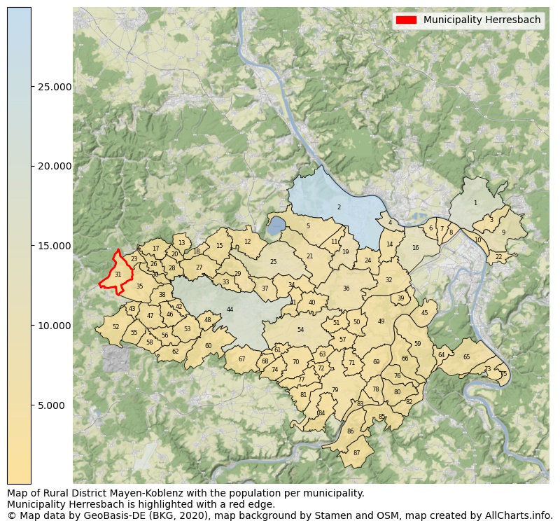 Map of Rural district Mayen-Koblenz with the population per municipality.Municipality Herresbach is highlighted with a red edge.. This page shows a lot of information about residents (such as the distribution by age groups, family composition, gender, native or German with an immigration background, ...), homes (numbers, types, price development, use, type of property, ...) and more (car ownership, energy consumption, ...) based on open data from the German Federal Agency for Cartography, the Federal Statistical Office (DESTATIS), the Regional Statistical Offices and various other sources!