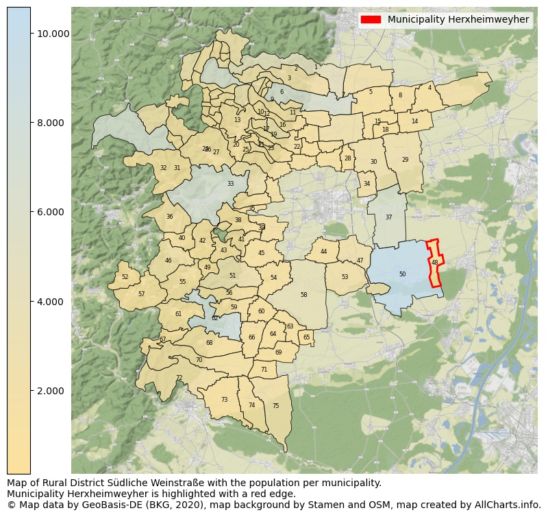 Map of Rural district Südliche Weinstraße with the population per municipality.Municipality Herxheimweyher is highlighted with a red edge.. This page shows a lot of information about residents (such as the distribution by age groups, family composition, gender, native or German with an immigration background, ...), homes (numbers, types, price development, use, type of property, ...) and more (car ownership, energy consumption, ...) based on open data from the German Federal Agency for Cartography, the Federal Statistical Office (DESTATIS), the Regional Statistical Offices and various other sources!