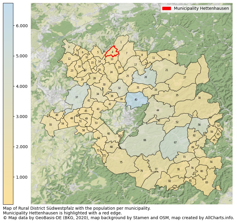 Map of Rural district Südwestpfalz with the population per municipality.Municipality Hettenhausen is highlighted with a red edge.. This page shows a lot of information about residents (such as the distribution by age groups, family composition, gender, native or German with an immigration background, ...), homes (numbers, types, price development, use, type of property, ...) and more (car ownership, energy consumption, ...) based on open data from the German Federal Agency for Cartography, the Federal Statistical Office (DESTATIS), the Regional Statistical Offices and various other sources!