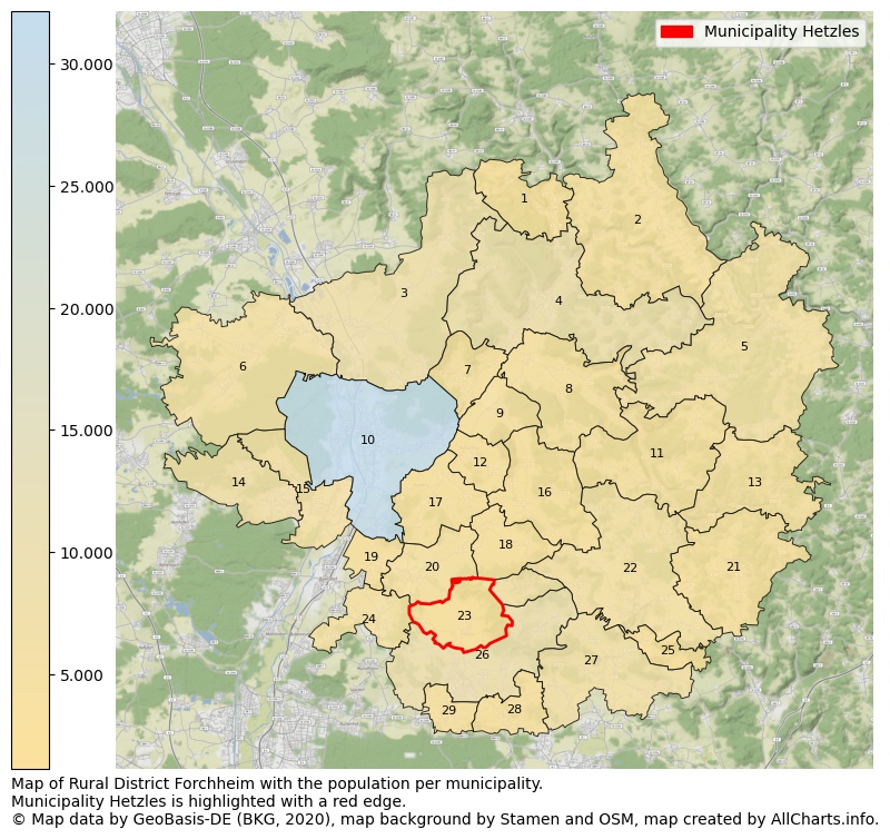 Map of Rural district Forchheim with the population per municipality.Municipality Hetzles is highlighted with a red edge.. This page shows a lot of information about residents (such as the distribution by age groups, family composition, gender, native or German with an immigration background, ...), homes (numbers, types, price development, use, type of property, ...) and more (car ownership, energy consumption, ...) based on open data from the German Federal Agency for Cartography, the Federal Statistical Office (DESTATIS), the Regional Statistical Offices and various other sources!