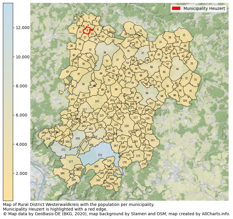 Map of Rural district Westerwaldkreis with the population per municipality.Municipality Heuzert is highlighted with a red edge.. This page shows a lot of information about residents (such as the distribution by age groups, family composition, gender, native or German with an immigration background, ...), homes (numbers, types, price development, use, type of property, ...) and more (car ownership, energy consumption, ...) based on open data from the German Federal Agency for Cartography, the Federal Statistical Office (DESTATIS), the Regional Statistical Offices and various other sources!