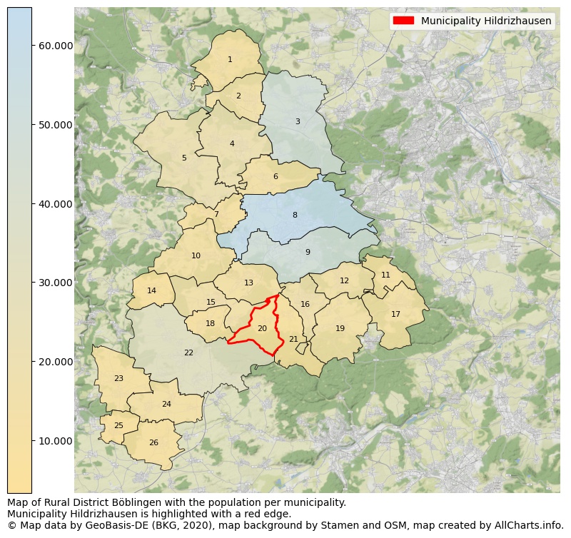 Map of Rural district Böblingen with the population per municipality.Municipality Hildrizhausen is highlighted with a red edge.. This page shows a lot of information about residents (such as the distribution by age groups, family composition, gender, native or German with an immigration background, ...), homes (numbers, types, price development, use, type of property, ...) and more (car ownership, energy consumption, ...) based on open data from the German Federal Agency for Cartography, the Federal Statistical Office (DESTATIS), the Regional Statistical Offices and various other sources!