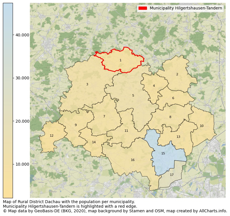 Map of Rural district Dachau with the population per municipality.Municipality Hilgertshausen-Tandern is highlighted with a red edge.. This page shows a lot of information about residents (such as the distribution by age groups, family composition, gender, native or German with an immigration background, ...), homes (numbers, types, price development, use, type of property, ...) and more (car ownership, energy consumption, ...) based on open data from the German Federal Agency for Cartography, the Federal Statistical Office (DESTATIS), the Regional Statistical Offices and various other sources!
