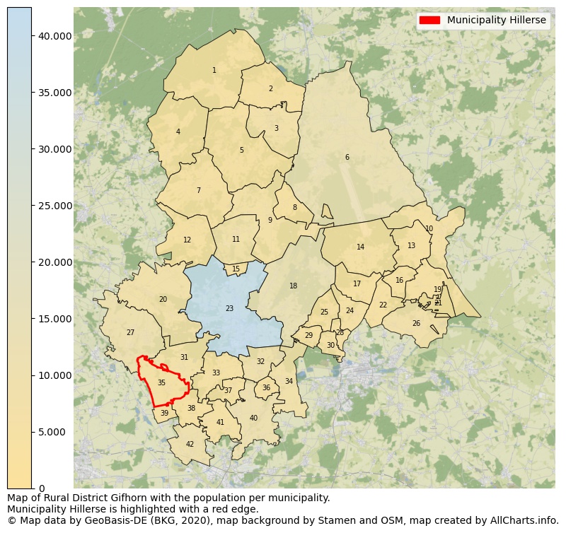 Map of Rural district Gifhorn with the population per municipality.Municipality Hillerse is highlighted with a red edge.. This page shows a lot of information about residents (such as the distribution by age groups, family composition, gender, native or German with an immigration background, ...), homes (numbers, types, price development, use, type of property, ...) and more (car ownership, energy consumption, ...) based on open data from the German Federal Agency for Cartography, the Federal Statistical Office (DESTATIS), the Regional Statistical Offices and various other sources!