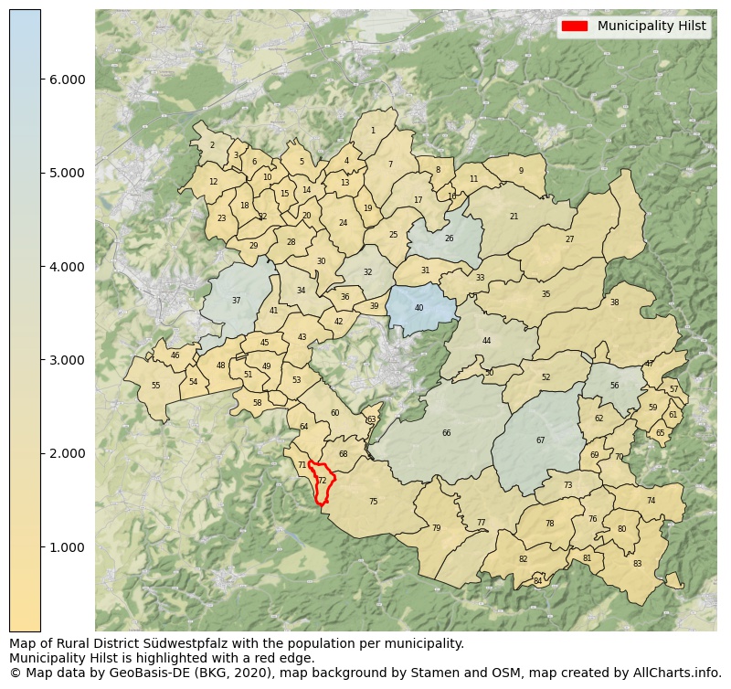 Map of Rural district Südwestpfalz with the population per municipality.Municipality Hilst is highlighted with a red edge.. This page shows a lot of information about residents (such as the distribution by age groups, family composition, gender, native or German with an immigration background, ...), homes (numbers, types, price development, use, type of property, ...) and more (car ownership, energy consumption, ...) based on open data from the German Federal Agency for Cartography, the Federal Statistical Office (DESTATIS), the Regional Statistical Offices and various other sources!