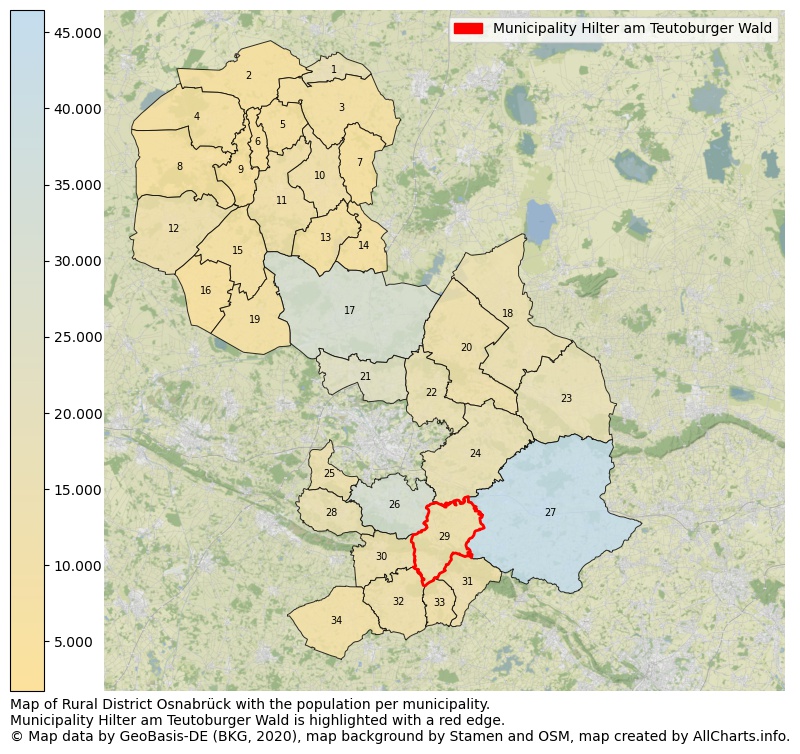 Map of Rural district Osnabrück with the population per municipality.Municipality Hilter am Teutoburger Wald is highlighted with a red edge.. This page shows a lot of information about residents (such as the distribution by age groups, family composition, gender, native or German with an immigration background, ...), homes (numbers, types, price development, use, type of property, ...) and more (car ownership, energy consumption, ...) based on open data from the German Federal Agency for Cartography, the Federal Statistical Office (DESTATIS), the Regional Statistical Offices and various other sources!