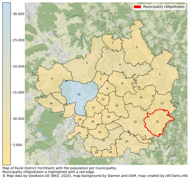 Map of Rural district Forchheim with the population per municipality.Municipality Hiltpoltstein is highlighted with a red edge.. This page shows a lot of information about residents (such as the distribution by age groups, family composition, gender, native or German with an immigration background, ...), homes (numbers, types, price development, use, type of property, ...) and more (car ownership, energy consumption, ...) based on open data from the German Federal Agency for Cartography, the Federal Statistical Office (DESTATIS), the Regional Statistical Offices and various other sources!