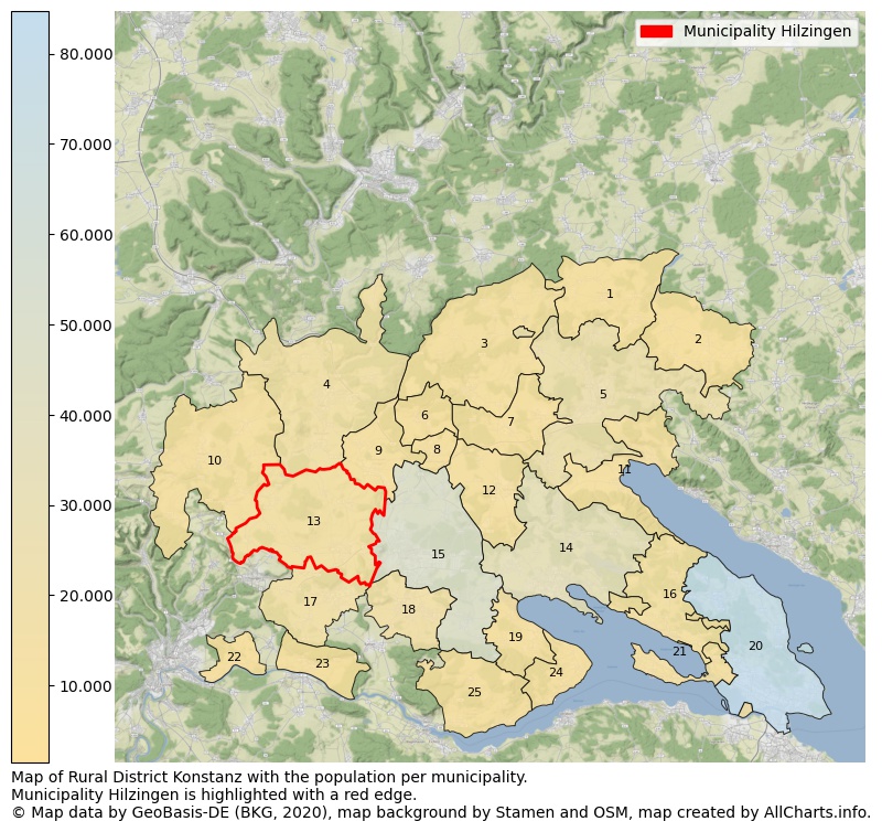 Map of Rural district Konstanz with the population per municipality.Municipality Hilzingen is highlighted with a red edge.. This page shows a lot of information about residents (such as the distribution by age groups, family composition, gender, native or German with an immigration background, ...), homes (numbers, types, price development, use, type of property, ...) and more (car ownership, energy consumption, ...) based on open data from the German Federal Agency for Cartography, the Federal Statistical Office (DESTATIS), the Regional Statistical Offices and various other sources!