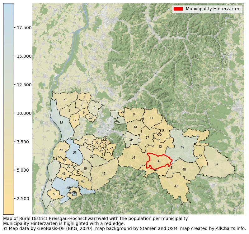 Map of Rural district Breisgau-Hochschwarzwald with the population per municipality.Municipality Hinterzarten is highlighted with a red edge.. This page shows a lot of information about residents (such as the distribution by age groups, family composition, gender, native or German with an immigration background, ...), homes (numbers, types, price development, use, type of property, ...) and more (car ownership, energy consumption, ...) based on open data from the German Federal Agency for Cartography, the Federal Statistical Office (DESTATIS), the Regional Statistical Offices and various other sources!