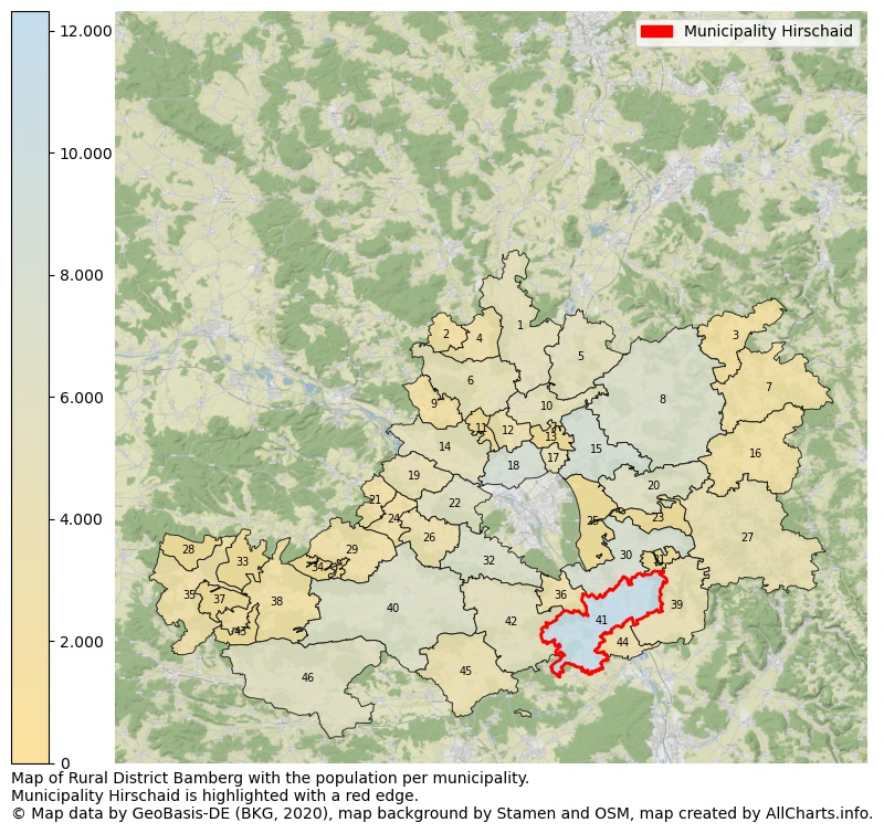 Map of Rural district Bamberg with the population per municipality.Municipality Hirschaid is highlighted with a red edge.. This page shows a lot of information about residents (such as the distribution by age groups, family composition, gender, native or German with an immigration background, ...), homes (numbers, types, price development, use, type of property, ...) and more (car ownership, energy consumption, ...) based on open data from the German Federal Agency for Cartography, the Federal Statistical Office (DESTATIS), the Regional Statistical Offices and various other sources!
