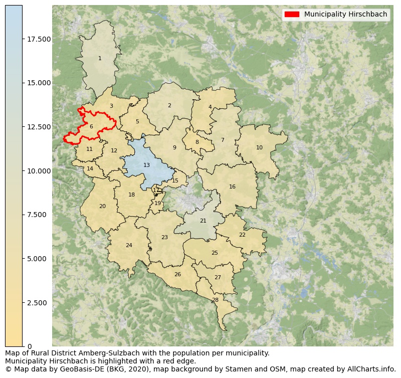 Map of Rural district Amberg-Sulzbach with the population per municipality.Municipality Hirschbach is highlighted with a red edge.. This page shows a lot of information about residents (such as the distribution by age groups, family composition, gender, native or German with an immigration background, ...), homes (numbers, types, price development, use, type of property, ...) and more (car ownership, energy consumption, ...) based on open data from the German Federal Agency for Cartography, the Federal Statistical Office (DESTATIS), the Regional Statistical Offices and various other sources!