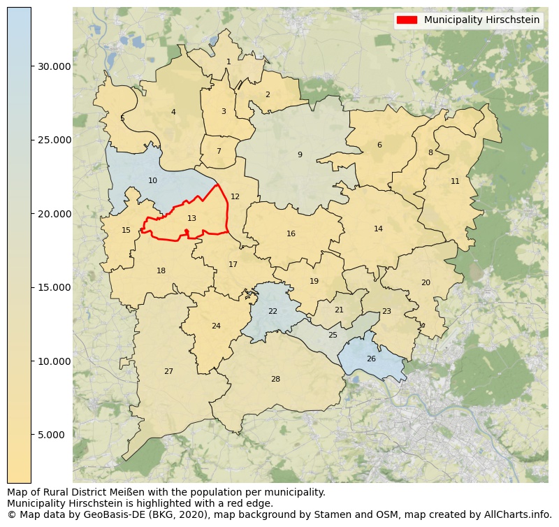 Map of Rural district Meißen with the population per municipality.Municipality Hirschstein is highlighted with a red edge.. This page shows a lot of information about residents (such as the distribution by age groups, family composition, gender, native or German with an immigration background, ...), homes (numbers, types, price development, use, type of property, ...) and more (car ownership, energy consumption, ...) based on open data from the German Federal Agency for Cartography, the Federal Statistical Office (DESTATIS), the Regional Statistical Offices and various other sources!