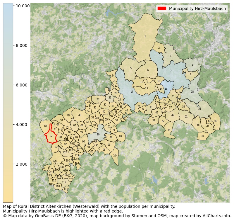 Map of Rural district Altenkirchen (Westerwald) with the population per municipality.Municipality Hirz-Maulsbach is highlighted with a red edge.. This page shows a lot of information about residents (such as the distribution by age groups, family composition, gender, native or German with an immigration background, ...), homes (numbers, types, price development, use, type of property, ...) and more (car ownership, energy consumption, ...) based on open data from the German Federal Agency for Cartography, the Federal Statistical Office (DESTATIS), the Regional Statistical Offices and various other sources!