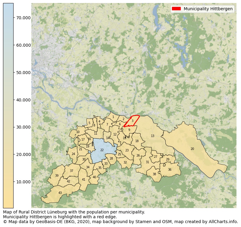 Map of Rural district Lüneburg with the population per municipality.Municipality Hittbergen is highlighted with a red edge.. This page shows a lot of information about residents (such as the distribution by age groups, family composition, gender, native or German with an immigration background, ...), homes (numbers, types, price development, use, type of property, ...) and more (car ownership, energy consumption, ...) based on open data from the German Federal Agency for Cartography, the Federal Statistical Office (DESTATIS), the Regional Statistical Offices and various other sources!