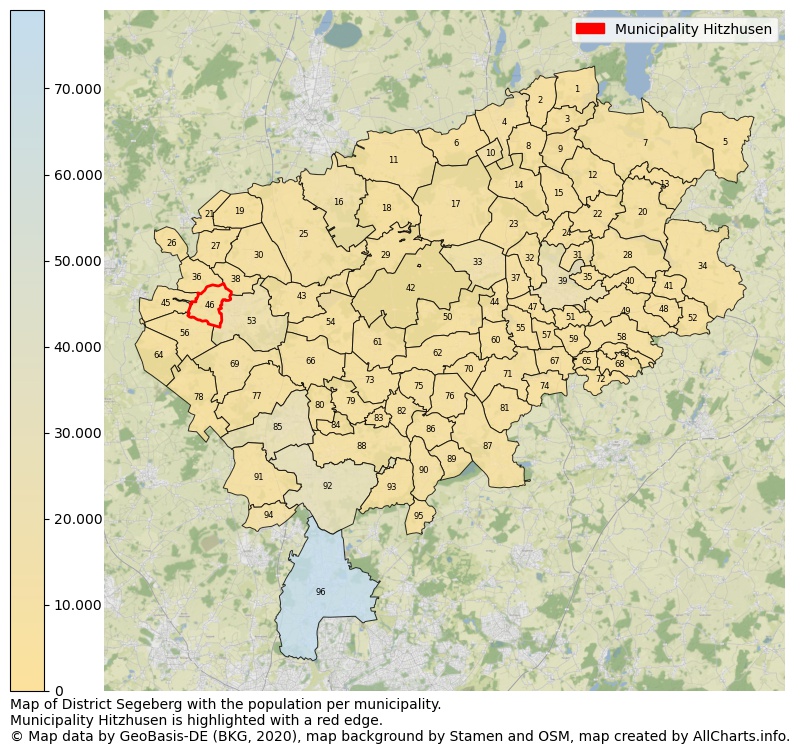 Map of District Segeberg with the population per municipality.Municipality Hitzhusen is highlighted with a red edge.. This page shows a lot of information about residents (such as the distribution by age groups, family composition, gender, native or German with an immigration background, ...), homes (numbers, types, price development, use, type of property, ...) and more (car ownership, energy consumption, ...) based on open data from the German Federal Agency for Cartography, the Federal Statistical Office (DESTATIS), the Regional Statistical Offices and various other sources!