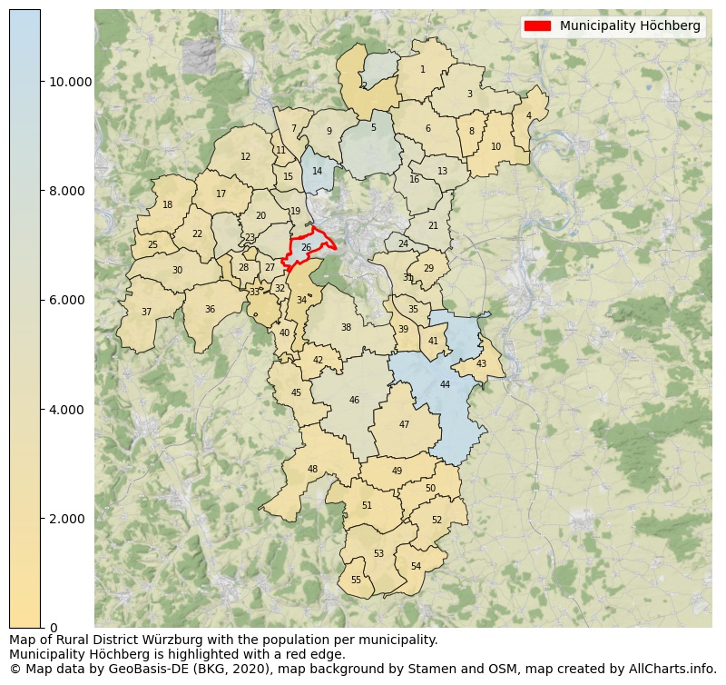 Map of Rural district Würzburg with the population per municipality.Municipality Höchberg is highlighted with a red edge.. This page shows a lot of information about residents (such as the distribution by age groups, family composition, gender, native or German with an immigration background, ...), homes (numbers, types, price development, use, type of property, ...) and more (car ownership, energy consumption, ...) based on open data from the German Federal Agency for Cartography, the Federal Statistical Office (DESTATIS), the Regional Statistical Offices and various other sources!