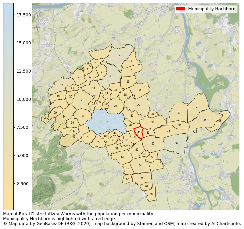Map of Rural district Alzey-Worms with the population per municipality.Municipality Hochborn is highlighted with a red edge.. This page shows a lot of information about residents (such as the distribution by age groups, family composition, gender, native or German with an immigration background, ...), homes (numbers, types, price development, use, type of property, ...) and more (car ownership, energy consumption, ...) based on open data from the German Federal Agency for Cartography, the Federal Statistical Office (DESTATIS), the Regional Statistical Offices and various other sources!