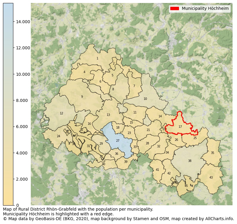 Map of Rural district Rhön-Grabfeld with the population per municipality.Municipality Höchheim is highlighted with a red edge.. This page shows a lot of information about residents (such as the distribution by age groups, family composition, gender, native or German with an immigration background, ...), homes (numbers, types, price development, use, type of property, ...) and more (car ownership, energy consumption, ...) based on open data from the German Federal Agency for Cartography, the Federal Statistical Office (DESTATIS), the Regional Statistical Offices and various other sources!