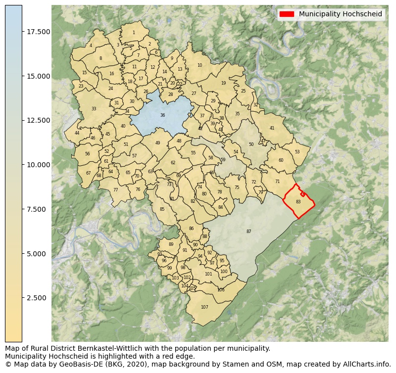 Map of Rural district Bernkastel-Wittlich with the population per municipality.Municipality Hochscheid is highlighted with a red edge.. This page shows a lot of information about residents (such as the distribution by age groups, family composition, gender, native or German with an immigration background, ...), homes (numbers, types, price development, use, type of property, ...) and more (car ownership, energy consumption, ...) based on open data from the German Federal Agency for Cartography, the Federal Statistical Office (DESTATIS), the Regional Statistical Offices and various other sources!