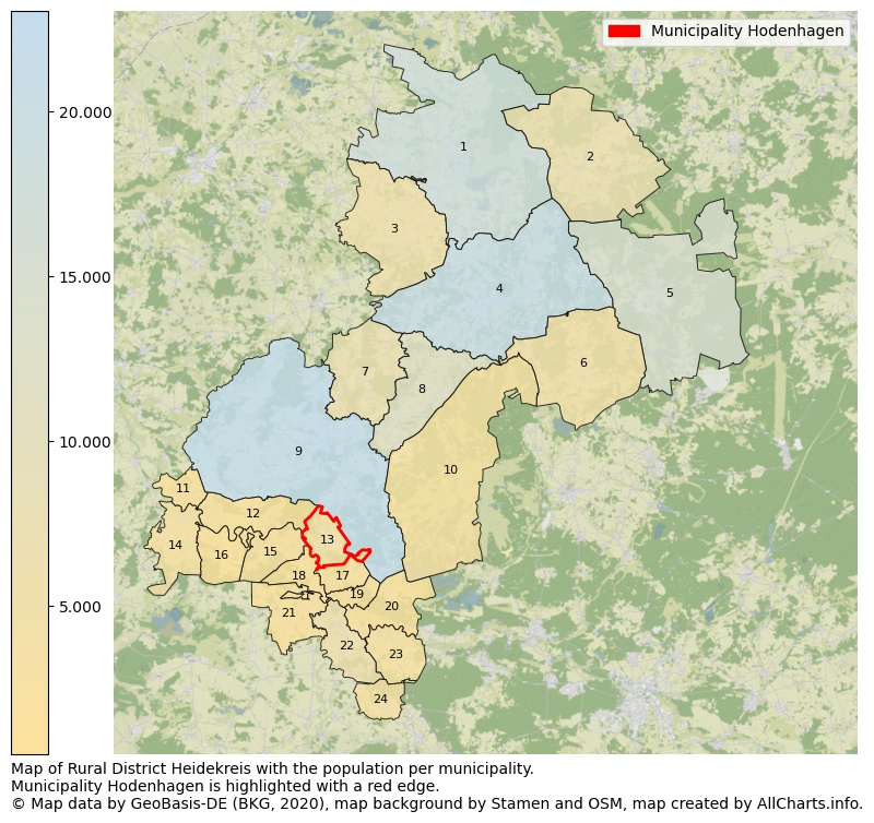 Map of Rural district Heidekreis with the population per municipality.Municipality Hodenhagen is highlighted with a red edge.. This page shows a lot of information about residents (such as the distribution by age groups, family composition, gender, native or German with an immigration background, ...), homes (numbers, types, price development, use, type of property, ...) and more (car ownership, energy consumption, ...) based on open data from the German Federal Agency for Cartography, the Federal Statistical Office (DESTATIS), the Regional Statistical Offices and various other sources!