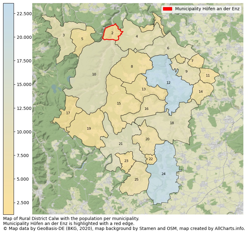 Map of Rural district Calw with the population per municipality.Municipality Höfen an der Enz is highlighted with a red edge.. This page shows a lot of information about residents (such as the distribution by age groups, family composition, gender, native or German with an immigration background, ...), homes (numbers, types, price development, use, type of property, ...) and more (car ownership, energy consumption, ...) based on open data from the German Federal Agency for Cartography, the Federal Statistical Office (DESTATIS), the Regional Statistical Offices and various other sources!