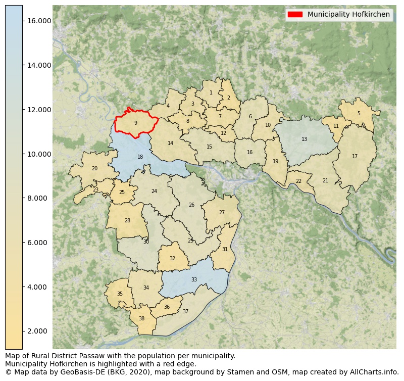 Map of Rural district Passaw with the population per municipality.Municipality Hofkirchen is highlighted with a red edge.. This page shows a lot of information about residents (such as the distribution by age groups, family composition, gender, native or German with an immigration background, ...), homes (numbers, types, price development, use, type of property, ...) and more (car ownership, energy consumption, ...) based on open data from the German Federal Agency for Cartography, the Federal Statistical Office (DESTATIS), the Regional Statistical Offices and various other sources!
