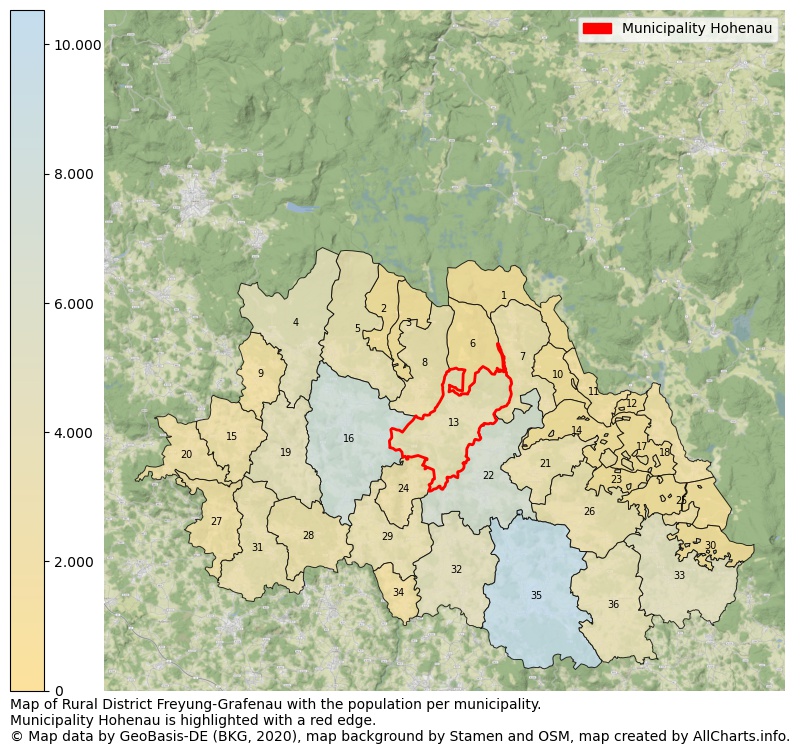 Map of Rural district Freyung-Grafenau with the population per municipality.Municipality Hohenau is highlighted with a red edge.. This page shows a lot of information about residents (such as the distribution by age groups, family composition, gender, native or German with an immigration background, ...), homes (numbers, types, price development, use, type of property, ...) and more (car ownership, energy consumption, ...) based on open data from the German Federal Agency for Cartography, the Federal Statistical Office (DESTATIS), the Regional Statistical Offices and various other sources!