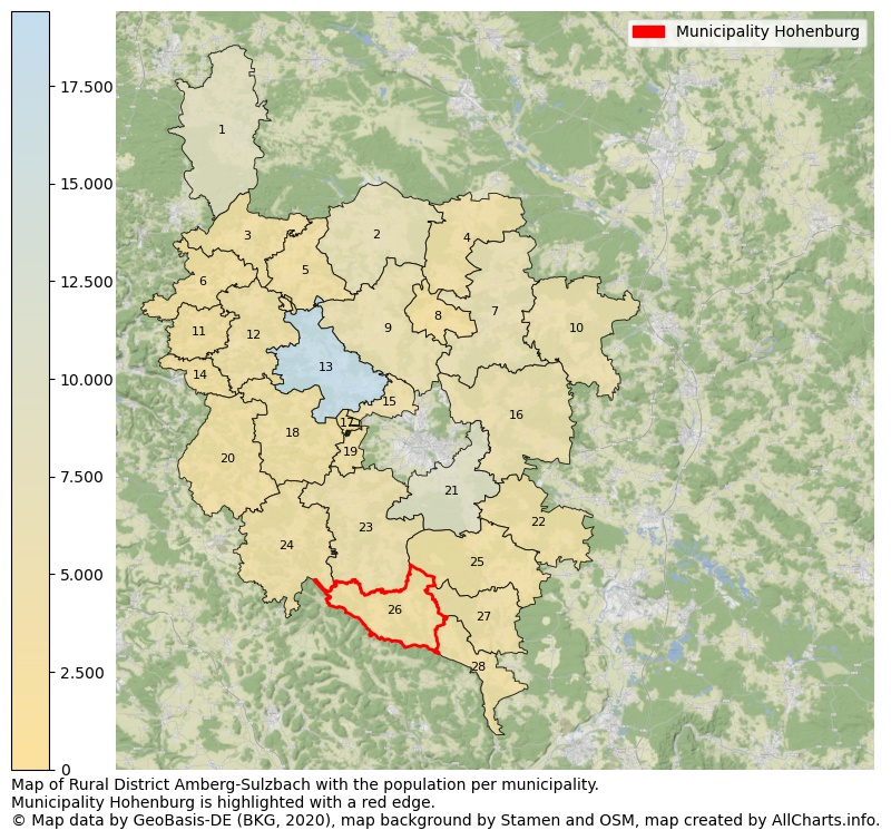 Map of Rural district Amberg-Sulzbach with the population per municipality.Municipality Hohenburg is highlighted with a red edge.. This page shows a lot of information about residents (such as the distribution by age groups, family composition, gender, native or German with an immigration background, ...), homes (numbers, types, price development, use, type of property, ...) and more (car ownership, energy consumption, ...) based on open data from the German Federal Agency for Cartography, the Federal Statistical Office (DESTATIS), the Regional Statistical Offices and various other sources!