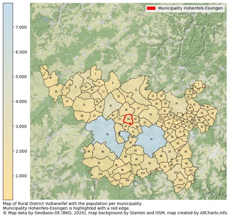 Map of Rural district Vulkaneifel with the population per municipality.Municipality Hohenfels-Essingen is highlighted with a red edge.. This page shows a lot of information about residents (such as the distribution by age groups, family composition, gender, native or German with an immigration background, ...), homes (numbers, types, price development, use, type of property, ...) and more (car ownership, energy consumption, ...) based on open data from the German Federal Agency for Cartography, the Federal Statistical Office (DESTATIS), the Regional Statistical Offices and various other sources!