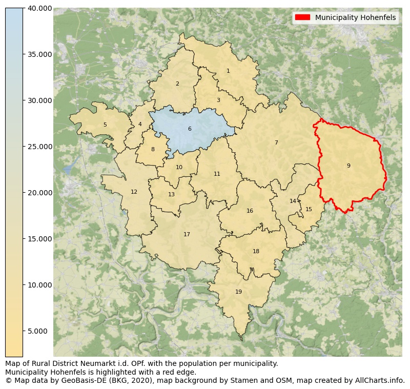 Map of Rural district Neumarkt i.d. OPf. with the population per municipality.Municipality Hohenfels is highlighted with a red edge.. This page shows a lot of information about residents (such as the distribution by age groups, family composition, gender, native or German with an immigration background, ...), homes (numbers, types, price development, use, type of property, ...) and more (car ownership, energy consumption, ...) based on open data from the German Federal Agency for Cartography, the Federal Statistical Office (DESTATIS), the Regional Statistical Offices and various other sources!