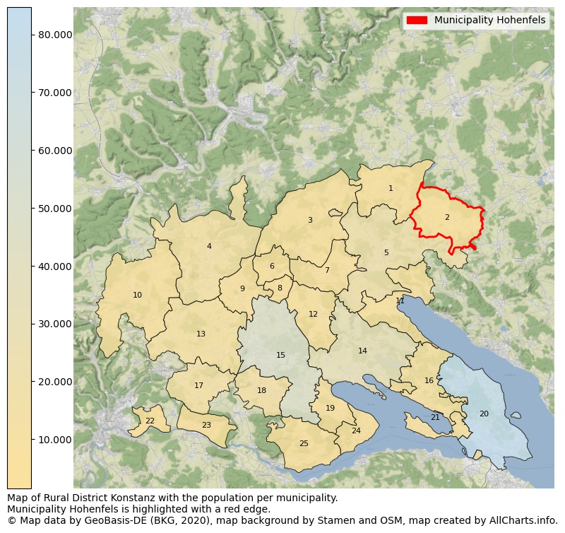 Map of Rural district Konstanz with the population per municipality.Municipality Hohenfels is highlighted with a red edge.. This page shows a lot of information about residents (such as the distribution by age groups, family composition, gender, native or German with an immigration background, ...), homes (numbers, types, price development, use, type of property, ...) and more (car ownership, energy consumption, ...) based on open data from the German Federal Agency for Cartography, the Federal Statistical Office (DESTATIS), the Regional Statistical Offices and various other sources!