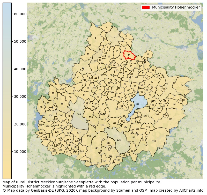 Map of Rural district Mecklenburgische Seenplatte with the population per municipality.Municipality Hohenmocker is highlighted with a red edge.. This page shows a lot of information about residents (such as the distribution by age groups, family composition, gender, native or German with an immigration background, ...), homes (numbers, types, price development, use, type of property, ...) and more (car ownership, energy consumption, ...) based on open data from the German Federal Agency for Cartography, the Federal Statistical Office (DESTATIS), the Regional Statistical Offices and various other sources!
