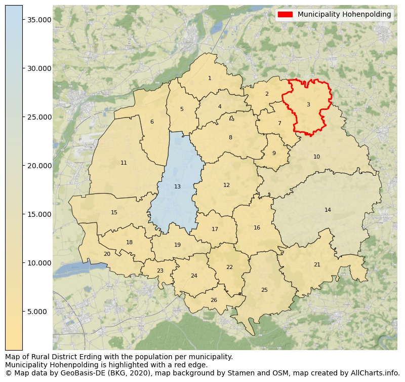 Map of Rural district Erding with the population per municipality.Municipality Hohenpolding is highlighted with a red edge.. This page shows a lot of information about residents (such as the distribution by age groups, family composition, gender, native or German with an immigration background, ...), homes (numbers, types, price development, use, type of property, ...) and more (car ownership, energy consumption, ...) based on open data from the German Federal Agency for Cartography, the Federal Statistical Office (DESTATIS), the Regional Statistical Offices and various other sources!