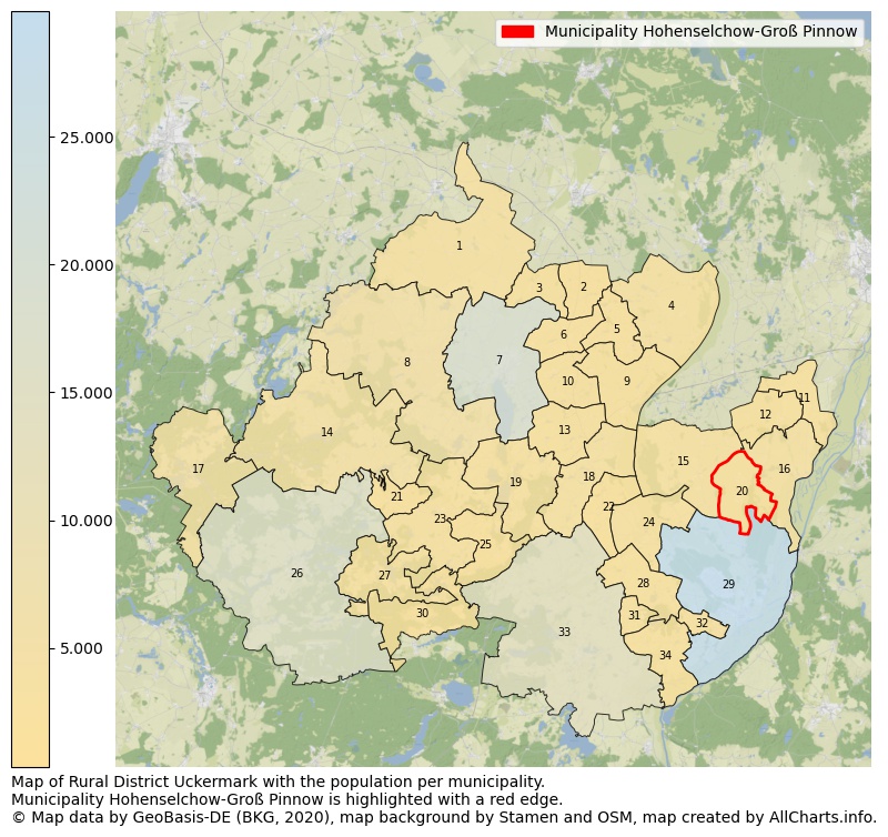 Map of Rural district Uckermark with the population per municipality.Municipality Hohenselchow-Groß Pinnow is highlighted with a red edge.. This page shows a lot of information about residents (such as the distribution by age groups, family composition, gender, native or German with an immigration background, ...), homes (numbers, types, price development, use, type of property, ...) and more (car ownership, energy consumption, ...) based on open data from the German Federal Agency for Cartography, the Federal Statistical Office (DESTATIS), the Regional Statistical Offices and various other sources!