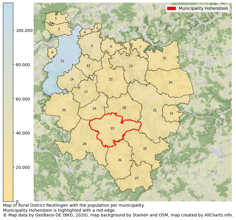 Map of Rural district Reutlingen with the population per municipality.Municipality Hohenstein is highlighted with a red edge.. This page shows a lot of information about residents (such as the distribution by age groups, family composition, gender, native or German with an immigration background, ...), homes (numbers, types, price development, use, type of property, ...) and more (car ownership, energy consumption, ...) based on open data from the German Federal Agency for Cartography, the Federal Statistical Office (DESTATIS), the Regional Statistical Offices and various other sources!