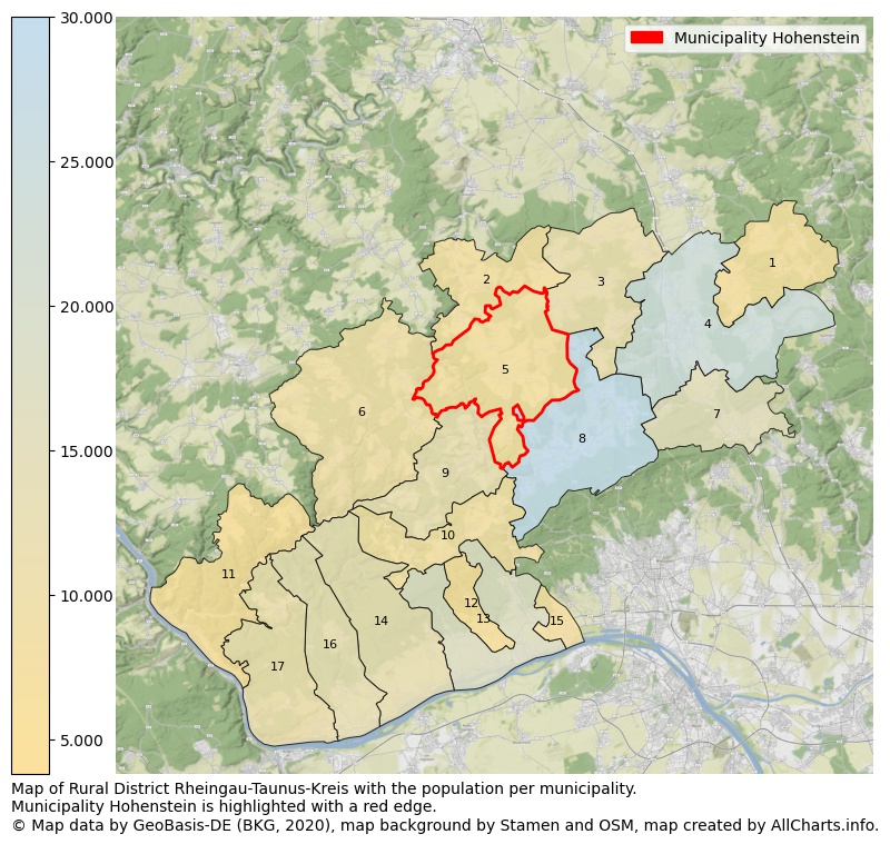 Map of Rural district Rheingau-Taunus-Kreis with the population per municipality.Municipality Hohenstein is highlighted with a red edge.. This page shows a lot of information about residents (such as the distribution by age groups, family composition, gender, native or German with an immigration background, ...), homes (numbers, types, price development, use, type of property, ...) and more (car ownership, energy consumption, ...) based on open data from the German Federal Agency for Cartography, the Federal Statistical Office (DESTATIS), the Regional Statistical Offices and various other sources!