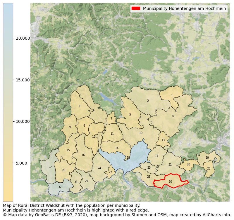 Map of Rural district Waldshut with the population per municipality.Municipality Hohentengen am Hochrhein is highlighted with a red edge.. This page shows a lot of information about residents (such as the distribution by age groups, family composition, gender, native or German with an immigration background, ...), homes (numbers, types, price development, use, type of property, ...) and more (car ownership, energy consumption, ...) based on open data from the German Federal Agency for Cartography, the Federal Statistical Office (DESTATIS), the Regional Statistical Offices and various other sources!