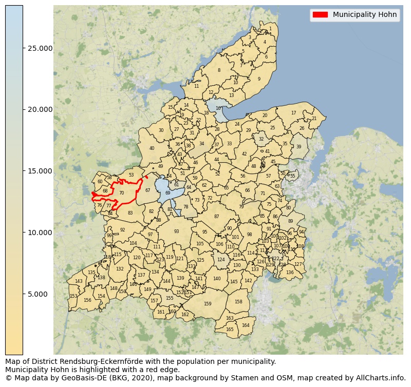 Map of District Rendsburg-Eckernförde with the population per municipality.Municipality Hohn is highlighted with a red edge.. This page shows a lot of information about residents (such as the distribution by age groups, family composition, gender, native or German with an immigration background, ...), homes (numbers, types, price development, use, type of property, ...) and more (car ownership, energy consumption, ...) based on open data from the German Federal Agency for Cartography, the Federal Statistical Office (DESTATIS), the Regional Statistical Offices and various other sources!