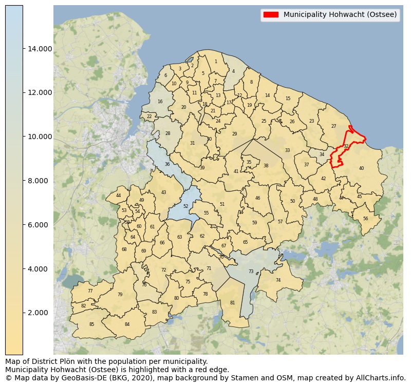 Map of District Plön with the population per municipality.Municipality Hohwacht (Ostsee) is highlighted with a red edge.. This page shows a lot of information about residents (such as the distribution by age groups, family composition, gender, native or German with an immigration background, ...), homes (numbers, types, price development, use, type of property, ...) and more (car ownership, energy consumption, ...) based on open data from the German Federal Agency for Cartography, the Federal Statistical Office (DESTATIS), the Regional Statistical Offices and various other sources!