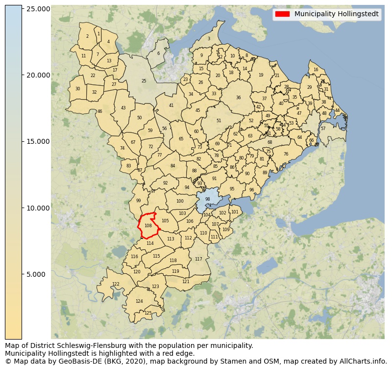 Map of District Schleswig-Flensburg with the population per municipality.Municipality Hollingstedt is highlighted with a red edge.. This page shows a lot of information about residents (such as the distribution by age groups, family composition, gender, native or German with an immigration background, ...), homes (numbers, types, price development, use, type of property, ...) and more (car ownership, energy consumption, ...) based on open data from the German Federal Agency for Cartography, the Federal Statistical Office (DESTATIS), the Regional Statistical Offices and various other sources!