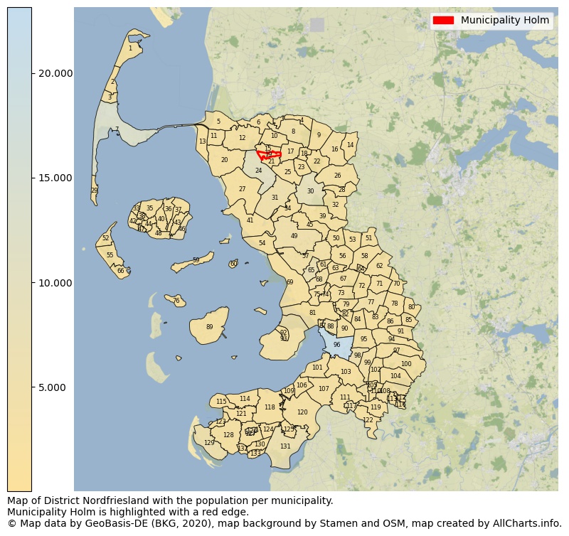 Map of District Nordfriesland with the population per municipality.Municipality Holm is highlighted with a red edge.. This page shows a lot of information about residents (such as the distribution by age groups, family composition, gender, native or German with an immigration background, ...), homes (numbers, types, price development, use, type of property, ...) and more (car ownership, energy consumption, ...) based on open data from the German Federal Agency for Cartography, the Federal Statistical Office (DESTATIS), the Regional Statistical Offices and various other sources!