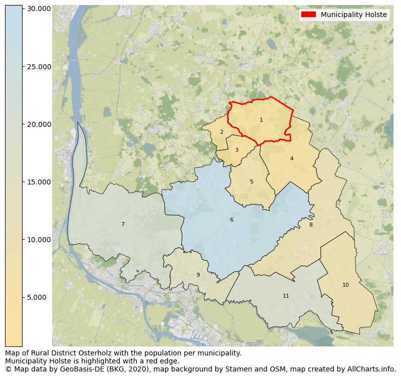 Map of Rural district Osterholz with the population per municipality.Municipality Holste is highlighted with a red edge.. This page shows a lot of information about residents (such as the distribution by age groups, family composition, gender, native or German with an immigration background, ...), homes (numbers, types, price development, use, type of property, ...) and more (car ownership, energy consumption, ...) based on open data from the German Federal Agency for Cartography, the Federal Statistical Office (DESTATIS), the Regional Statistical Offices and various other sources!
