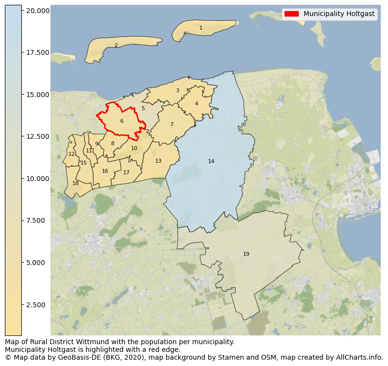 Map of Rural district Wittmund with the population per municipality.Municipality Holtgast is highlighted with a red edge.. This page shows a lot of information about residents (such as the distribution by age groups, family composition, gender, native or German with an immigration background, ...), homes (numbers, types, price development, use, type of property, ...) and more (car ownership, energy consumption, ...) based on open data from the German Federal Agency for Cartography, the Federal Statistical Office (DESTATIS), the Regional Statistical Offices and various other sources!
