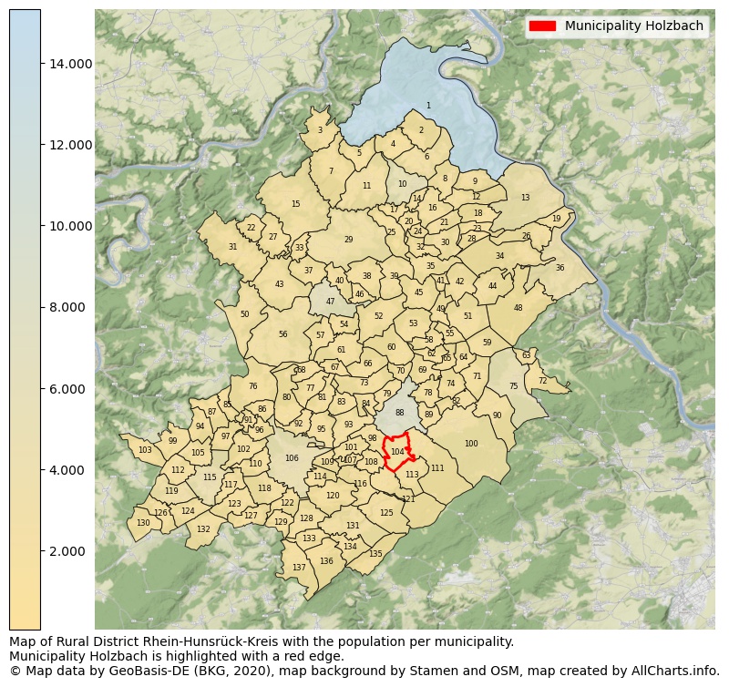 Map of Rural district Rhein-Hunsrück-Kreis with the population per municipality.Municipality Holzbach is highlighted with a red edge.. This page shows a lot of information about residents (such as the distribution by age groups, family composition, gender, native or German with an immigration background, ...), homes (numbers, types, price development, use, type of property, ...) and more (car ownership, energy consumption, ...) based on open data from the German Federal Agency for Cartography, the Federal Statistical Office (DESTATIS), the Regional Statistical Offices and various other sources!