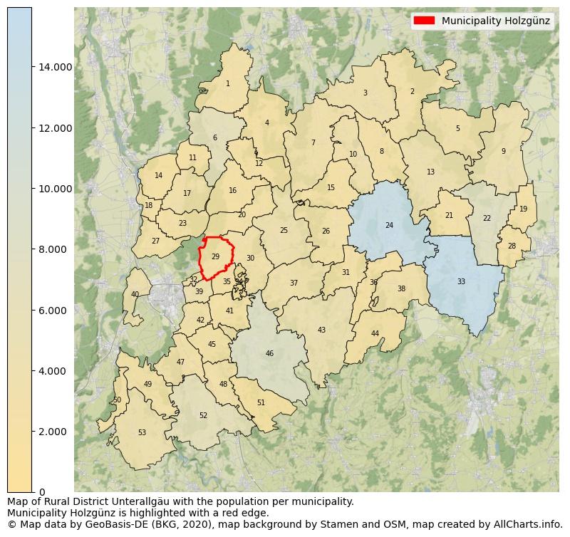 Map of Rural district Unterallgäu with the population per municipality.Municipality Holzgünz is highlighted with a red edge.. This page shows a lot of information about residents (such as the distribution by age groups, family composition, gender, native or German with an immigration background, ...), homes (numbers, types, price development, use, type of property, ...) and more (car ownership, energy consumption, ...) based on open data from the German Federal Agency for Cartography, the Federal Statistical Office (DESTATIS), the Regional Statistical Offices and various other sources!