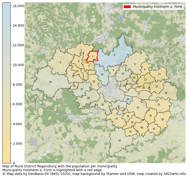 Map of Rural district Regensburg with the population per municipality.Municipality Holzheim a. Forst is highlighted with a red edge.. This page shows a lot of information about residents (such as the distribution by age groups, family composition, gender, native or German with an immigration background, ...), homes (numbers, types, price development, use, type of property, ...) and more (car ownership, energy consumption, ...) based on open data from the German Federal Agency for Cartography, the Federal Statistical Office (DESTATIS), the Regional Statistical Offices and various other sources!