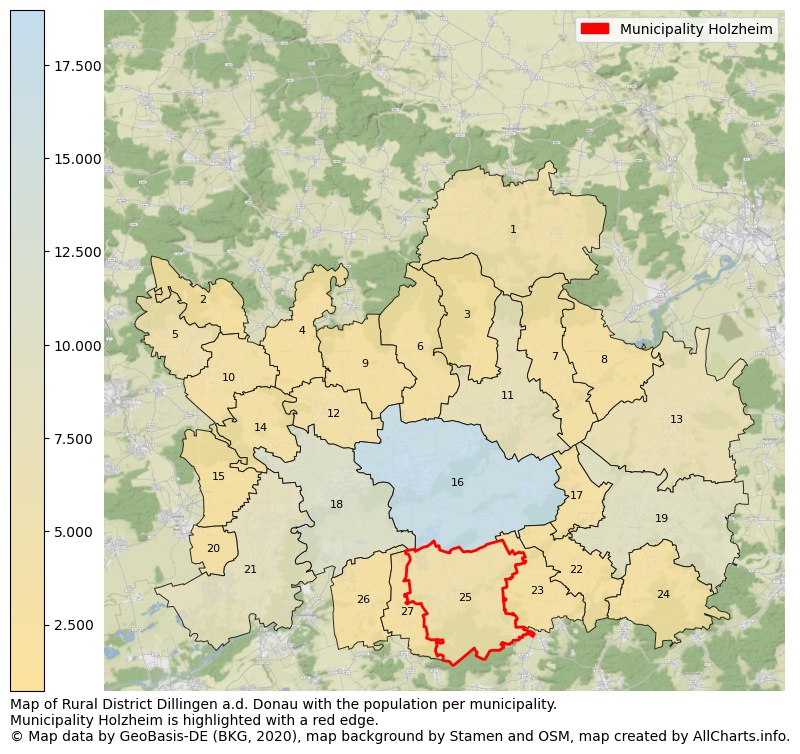 Map of Rural district Dillingen a.d. Donau with the population per municipality.Municipality Holzheim is highlighted with a red edge.. This page shows a lot of information about residents (such as the distribution by age groups, family composition, gender, native or German with an immigration background, ...), homes (numbers, types, price development, use, type of property, ...) and more (car ownership, energy consumption, ...) based on open data from the German Federal Agency for Cartography, the Federal Statistical Office (DESTATIS), the Regional Statistical Offices and various other sources!