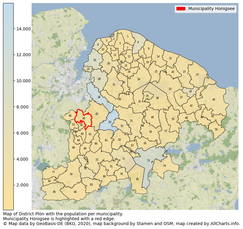 Map of District Plön with the population per municipality.Municipality Honigsee is highlighted with a red edge.. This page shows a lot of information about residents (such as the distribution by age groups, family composition, gender, native or German with an immigration background, ...), homes (numbers, types, price development, use, type of property, ...) and more (car ownership, energy consumption, ...) based on open data from the German Federal Agency for Cartography, the Federal Statistical Office (DESTATIS), the Regional Statistical Offices and various other sources!