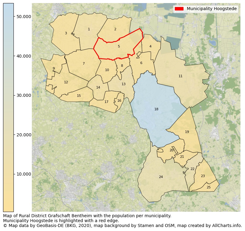 Map of Rural district Grafschaft Bentheim with the population per municipality.Municipality Hoogstede is highlighted with a red edge.. This page shows a lot of information about residents (such as the distribution by age groups, family composition, gender, native or German with an immigration background, ...), homes (numbers, types, price development, use, type of property, ...) and more (car ownership, energy consumption, ...) based on open data from the German Federal Agency for Cartography, the Federal Statistical Office (DESTATIS), the Regional Statistical Offices and various other sources!